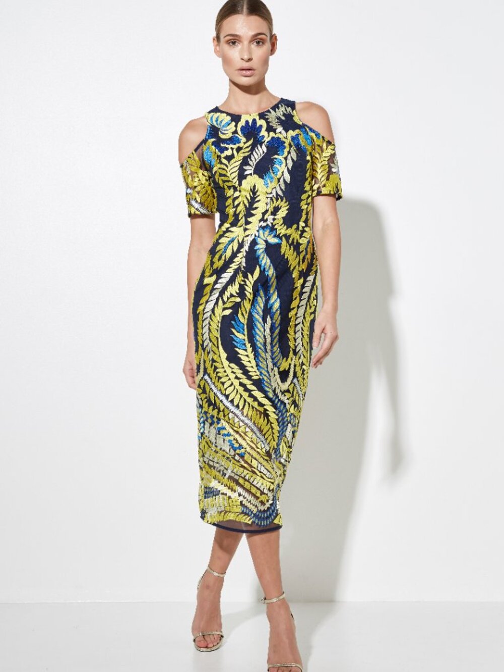 MOSSMAN Hummingbird Cold Shoulder Shift Midi Dress Yellow Navy Print US Size 4
